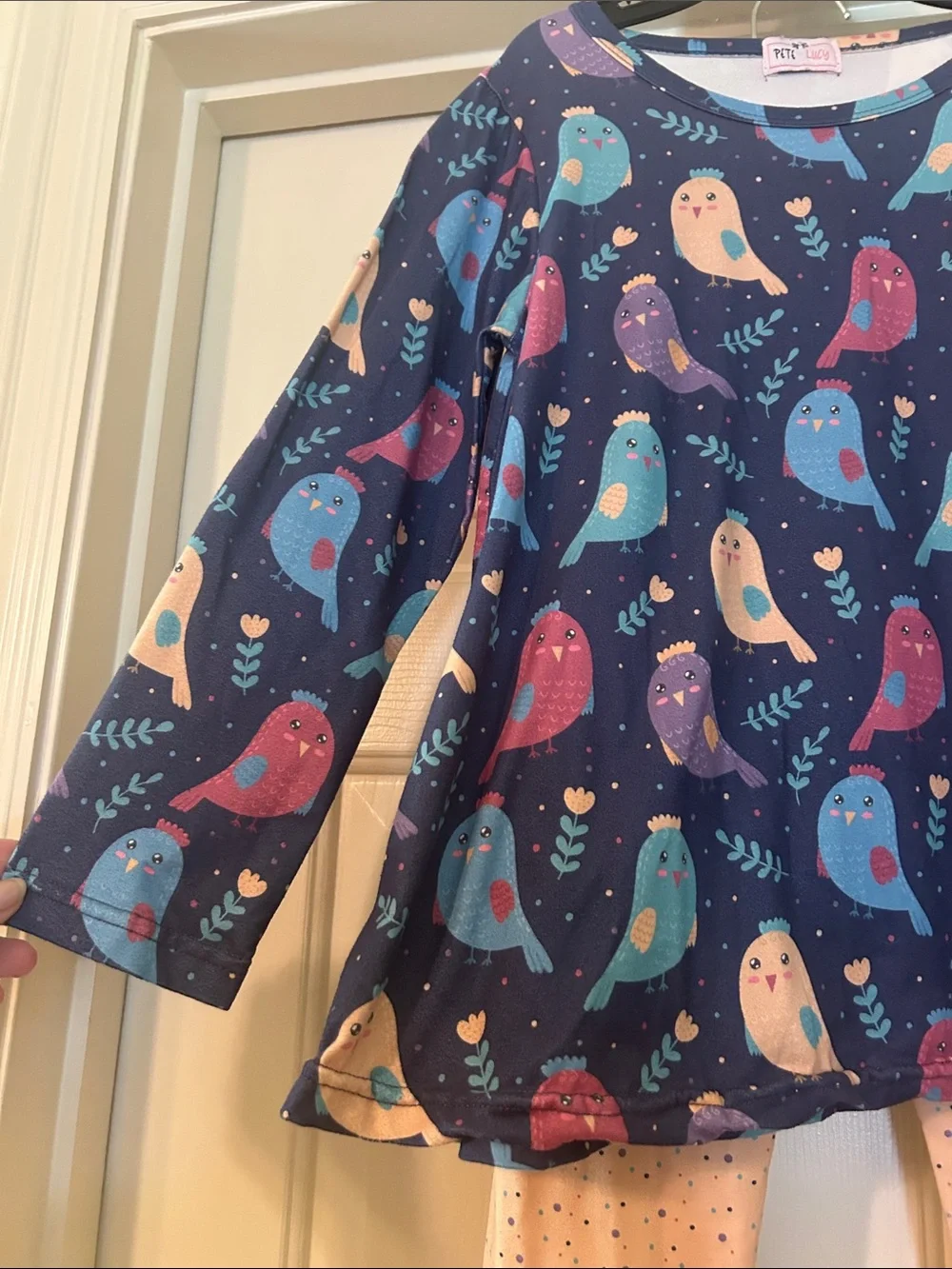 Girls' Navy Bird Print Matching Set with Cream Leggings